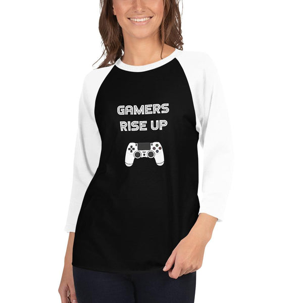 Gamers Rise Up 3/4 Sleeve Raglan Shirt shopyourmeme Black/White XS 