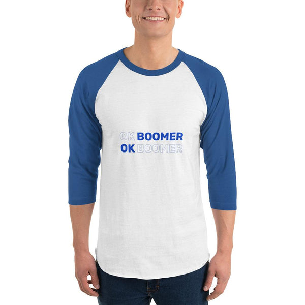 OK Boomer 3/4 Sleeve Raglan Shirt The Meme Store White/Royal XS 